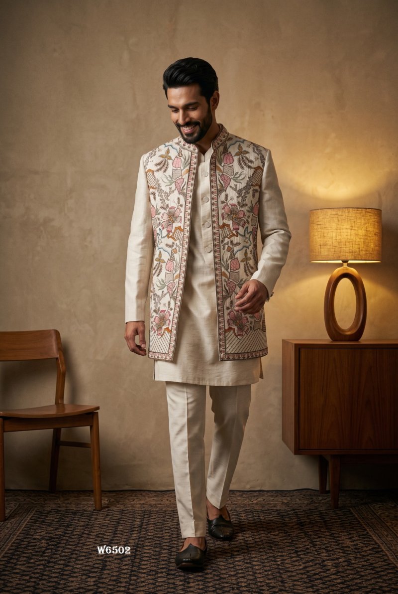 Cream Outluk Wedding Vol 65 Lachaka Embroidery Mens Indo Western W6502